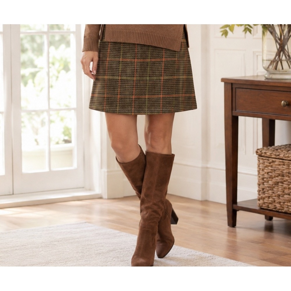 Talbots Brown Plaid‎ 100% Wool Tweed A Line Midi Houndstooth Preppy Skirt 12 EUC